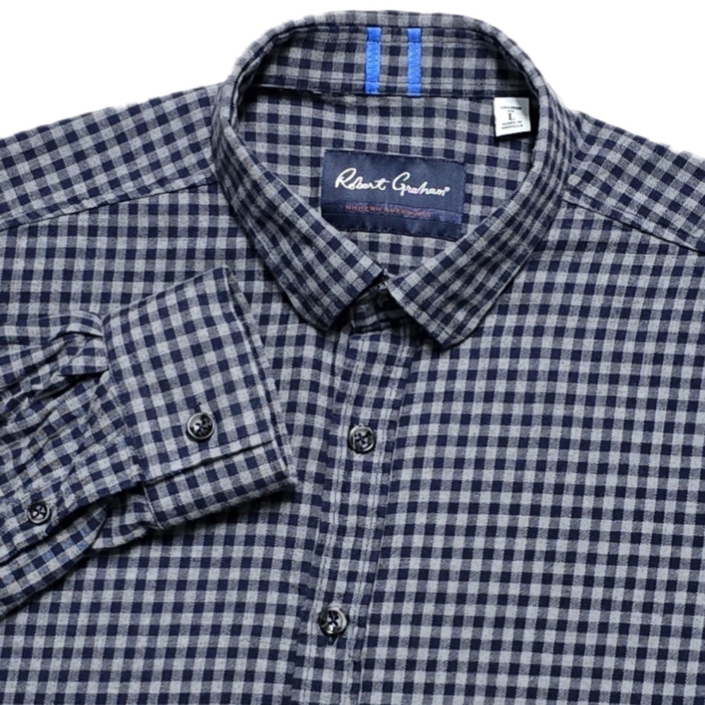 Robert Graham Flannel Shirt Mens L Navy Gingham Check Tailored Fit Button Down